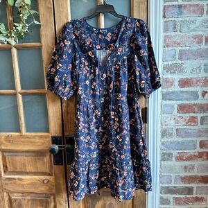 Old Navy Floral Babydoll Dress Women Size M Navy Blue Puff Sleeve V-Neck Tiered